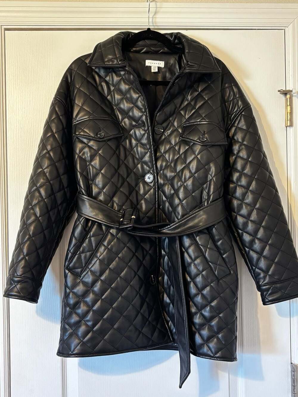 Topshop Quilted Faux Leather Belted Jacket Black Size US 6